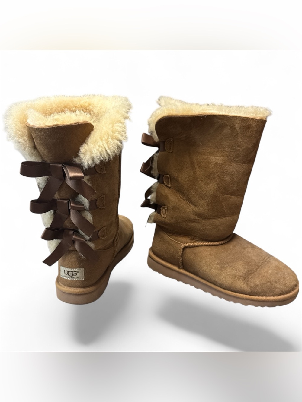 UGG Chestnut Suede Shearling Boots with Back Ribbon Bows